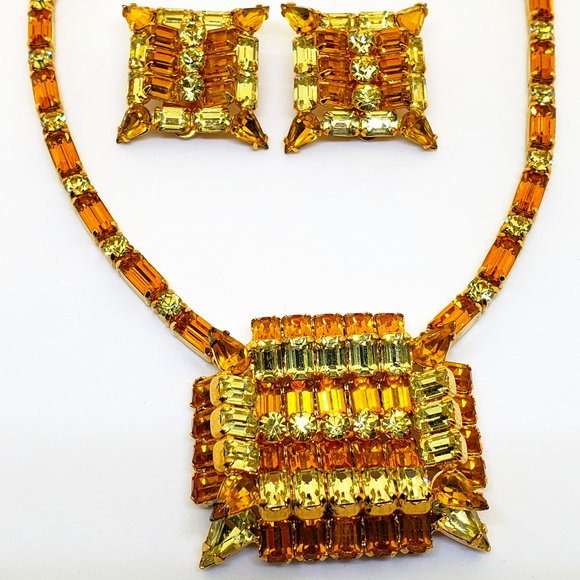 Vintage KRAMER OF NEW YORK Art Deco Yellow Orange Rhinestone Necklace Earrings - Picture 10 of 14